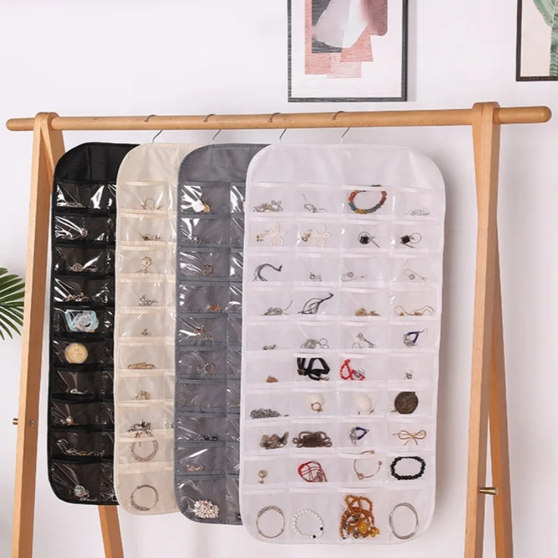 Two-sided 80 Pockets Hook Type Jewelry Pouch Storage Bag Wall Door Hanging Storage Organizer for Earrings Necklace