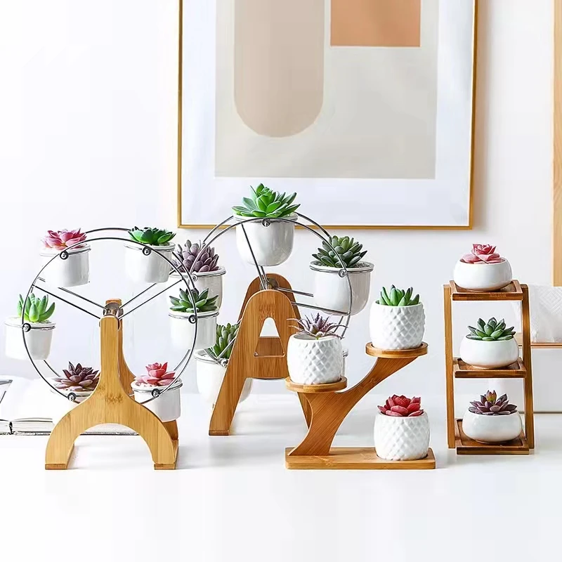 Креативный керамический цветочный горшок с колесиком обозрения и бамбуковой подставкой оптом