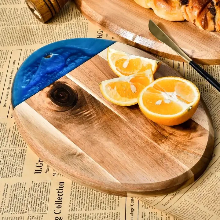 Blue Resin Cutting Board Acacia Wood Chopping Board Customizable Wood + Resin Oval Butcher Board for Kitchen Gift