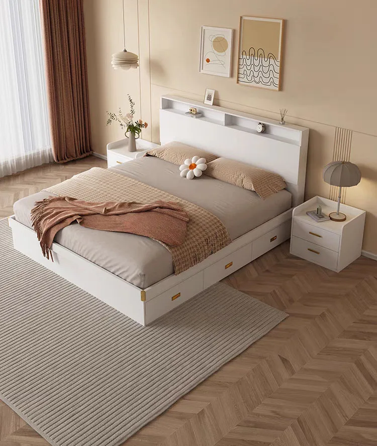 Foshan Home Furnishing King Queen Double Single Size White Wooden Panel Bed Hotel Furniture