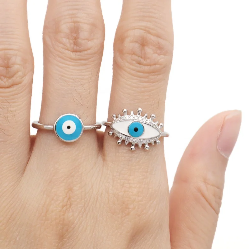 Wholesale China Factory Customized Women Blue White Devil Eyes Finger Ring Turkish 925 Sterling Silver Enamel Evil Eyes Ring