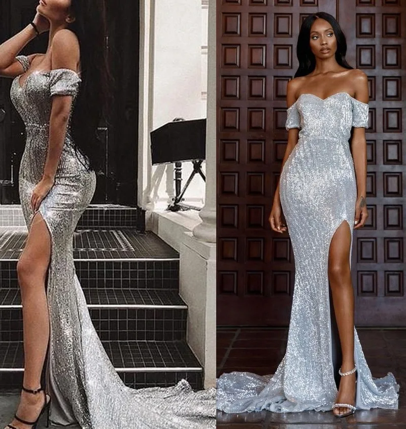 2021 New Sexy Off Shoulder Short Sleeve Sequin Evening Dress Floor Length Dress