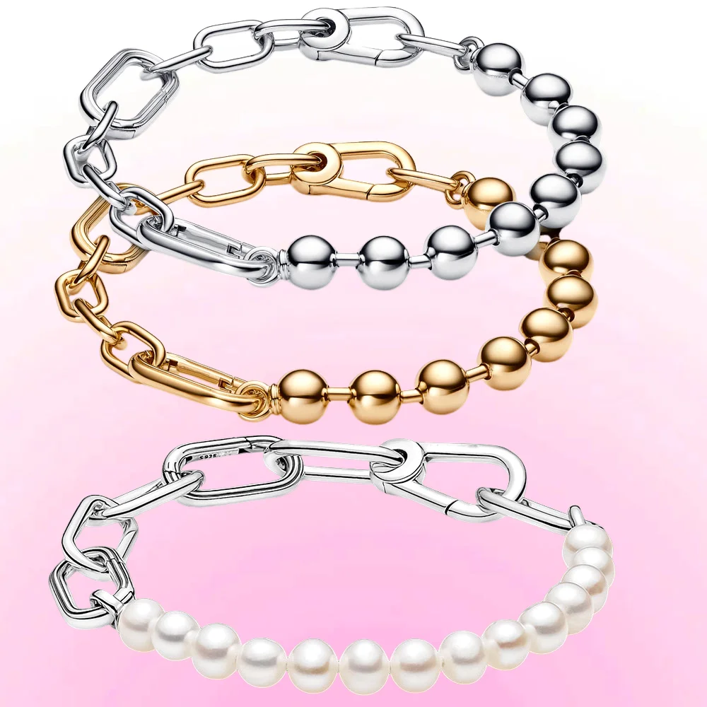 925 Silver ME Metal Bead Link Treated Freshwater Cultured Pearl Love Word Small-Link Chain Bracelet Fit Pan ME Mini Charm DIY