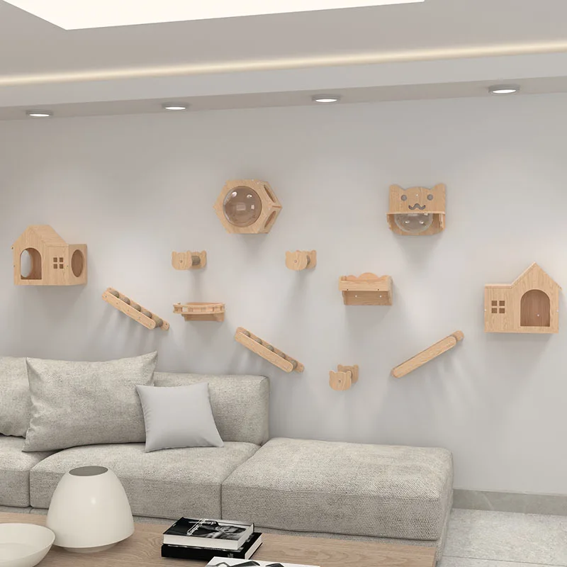 Wholesale cat tree cat springboard luxurious wood tree house natural furniture make tree wall mounted hut
