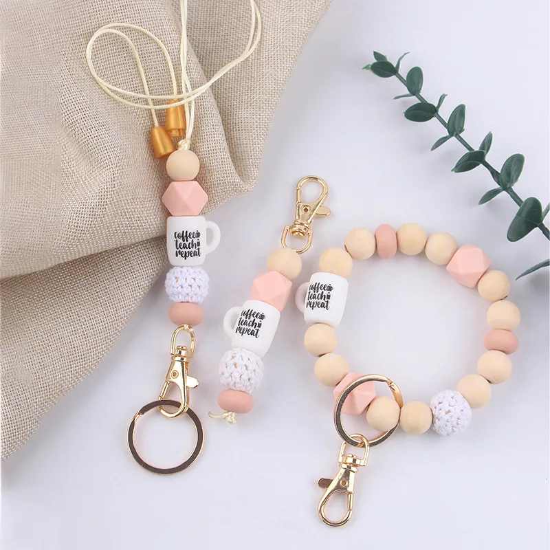 2024 boho silicone beads coffee cup teacher lanyard keychain wristlet set gift for mom coffee lover