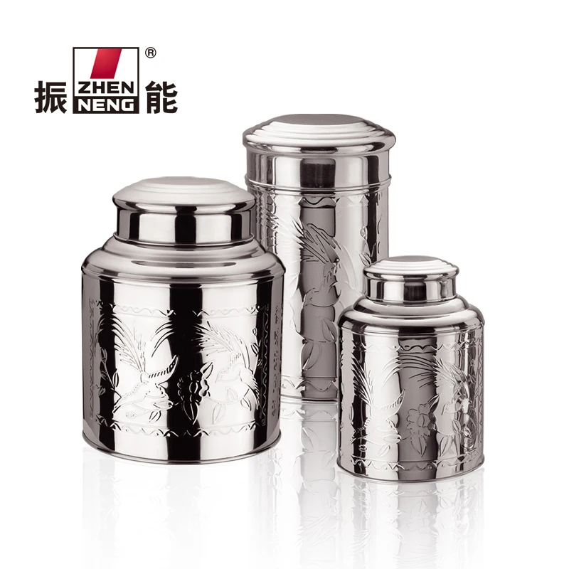 400g Straight cylinder type stainless steel tea caddy with classical pattern tea jar coffee metal canister with lid