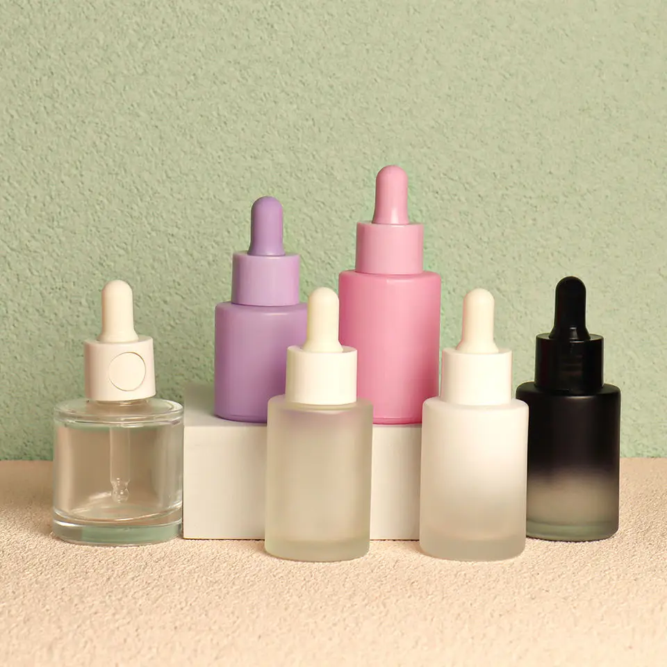 30ml 50ml Cosmetic Skin Care Essential Oil Essence Packaging Frosted Glass Flat Shoulder Matte Serum Dropper Bottle With Box
