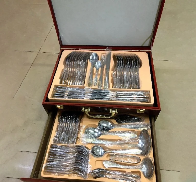 Stainless Steel Knife, Fork and Spoon Set Western Tableware High-end Hotel Restaurant Gift Box Wooden Box 72 Sets