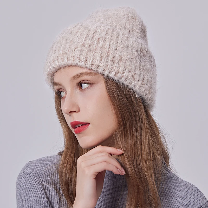 Winter Thick Knitted Angora Wool Beanie for Women Girls Colored Yarn Knit Warm Cuff Hats Custom Logo Fashion Ski Caps
