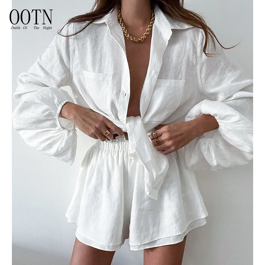 OOTN Women 2024 Summer 2 Piece Outfits Fashion Ladies Sexy Solid Suits Long Sleeve Single-breasted Top + Broad-legged Shorts Set