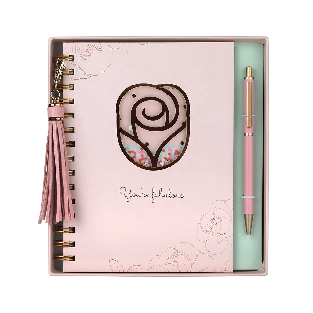 Индивидуальная печатная бумага, персонализированные Необычные розовые золотые цветы, роскошные женские спиральные блокноты формата A5 в твердой обложке с ручкой, подарочный набор