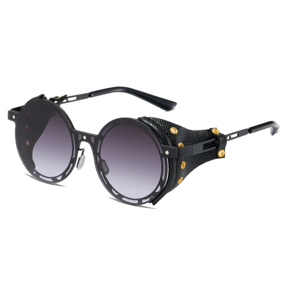 Vintage Leather Punk Sunglasses New Fashion Alloy Rivet Steampunk Sunglasses Male Round Eyewear Sunglasses
