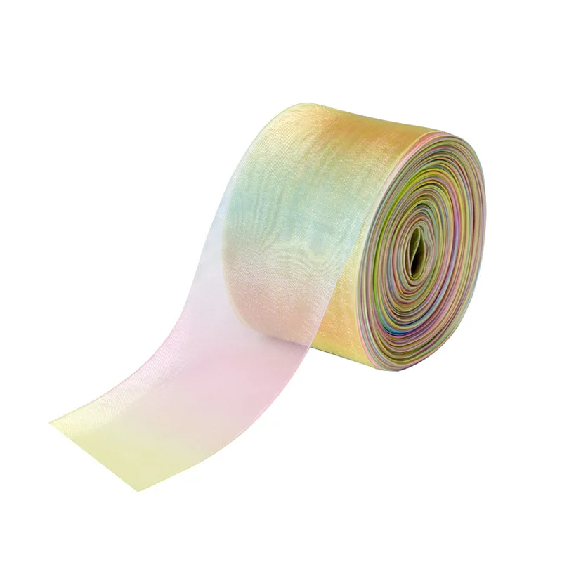 Rainbow ribbon 0.3-7.5cm thermal transfer colorful gradient transparent snow yarn ribbon