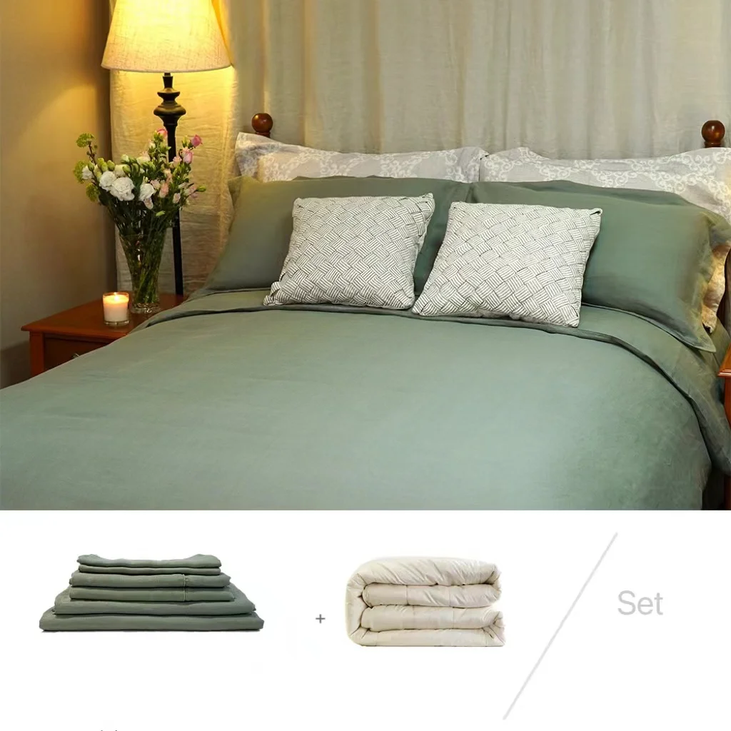 30% набор 100% льняного пододеяльника, плоская простыня, наволочка и одеяло с шерстяным наполнителем