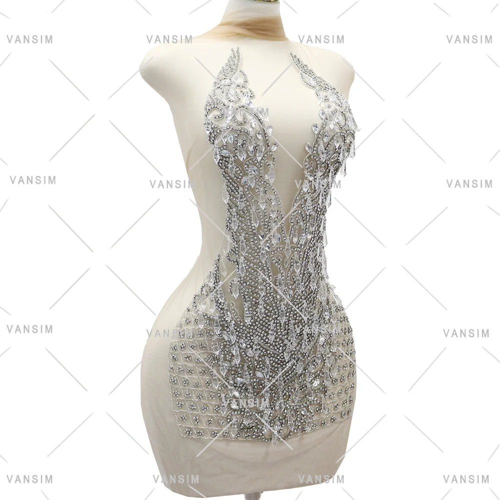 crystal diamond stone embellishment New Silver Ice drop bead pendant prom dress rhinestone bodice applique