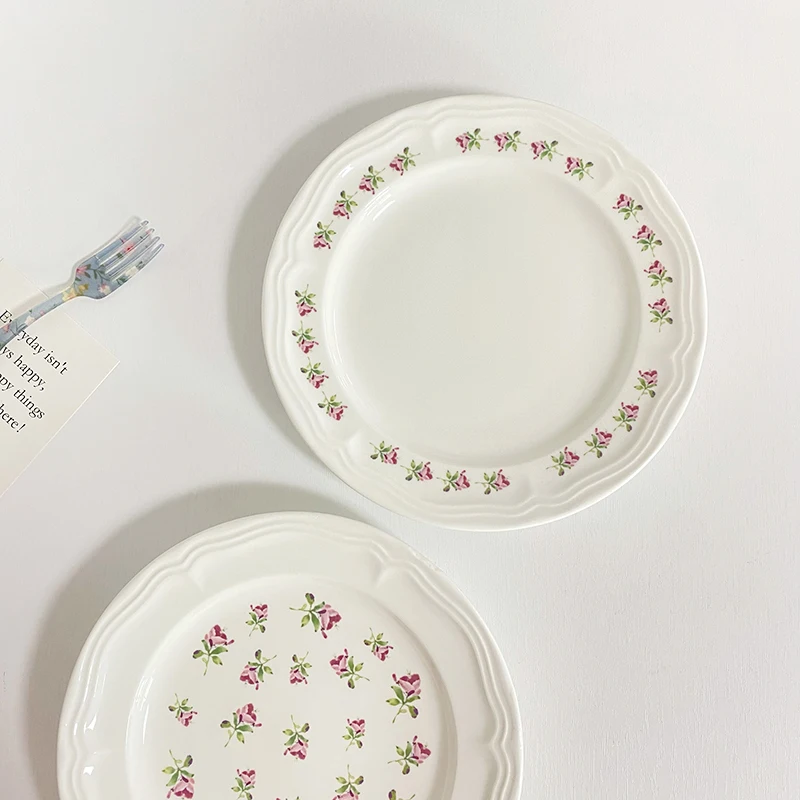 French Style Retro Floral Reliefs Ceramic Dessert Plate Dish Dinner Wedding Set Porcelain Kitchen Tableware