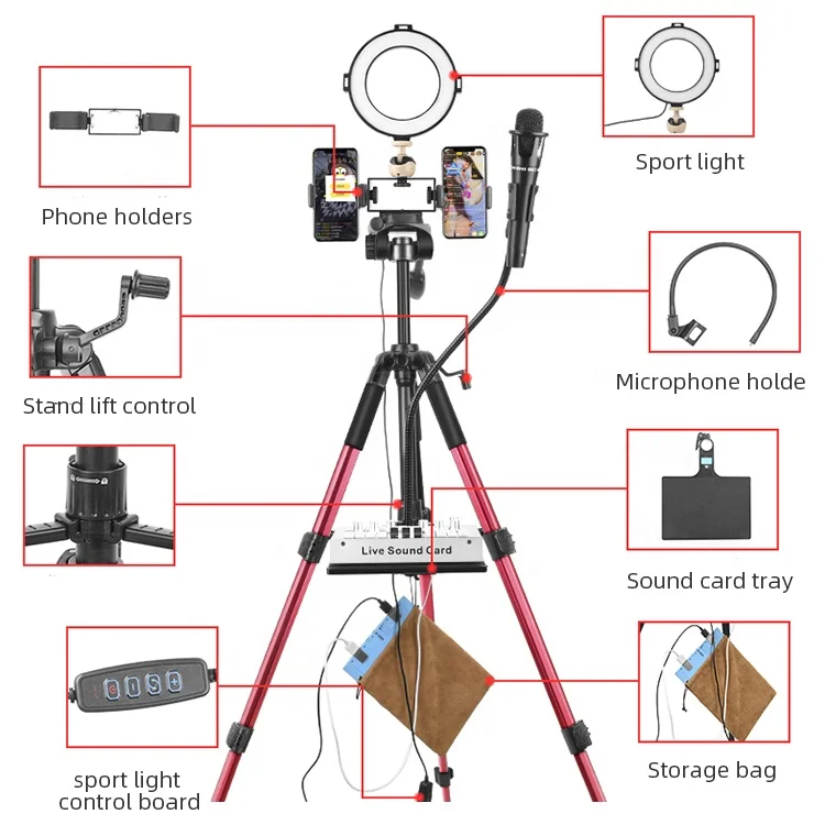 
Professional Broadcasting Studio Video Led Lights With Tripod Mobile Phone Holder Microphone Holder Sound Card Trap 