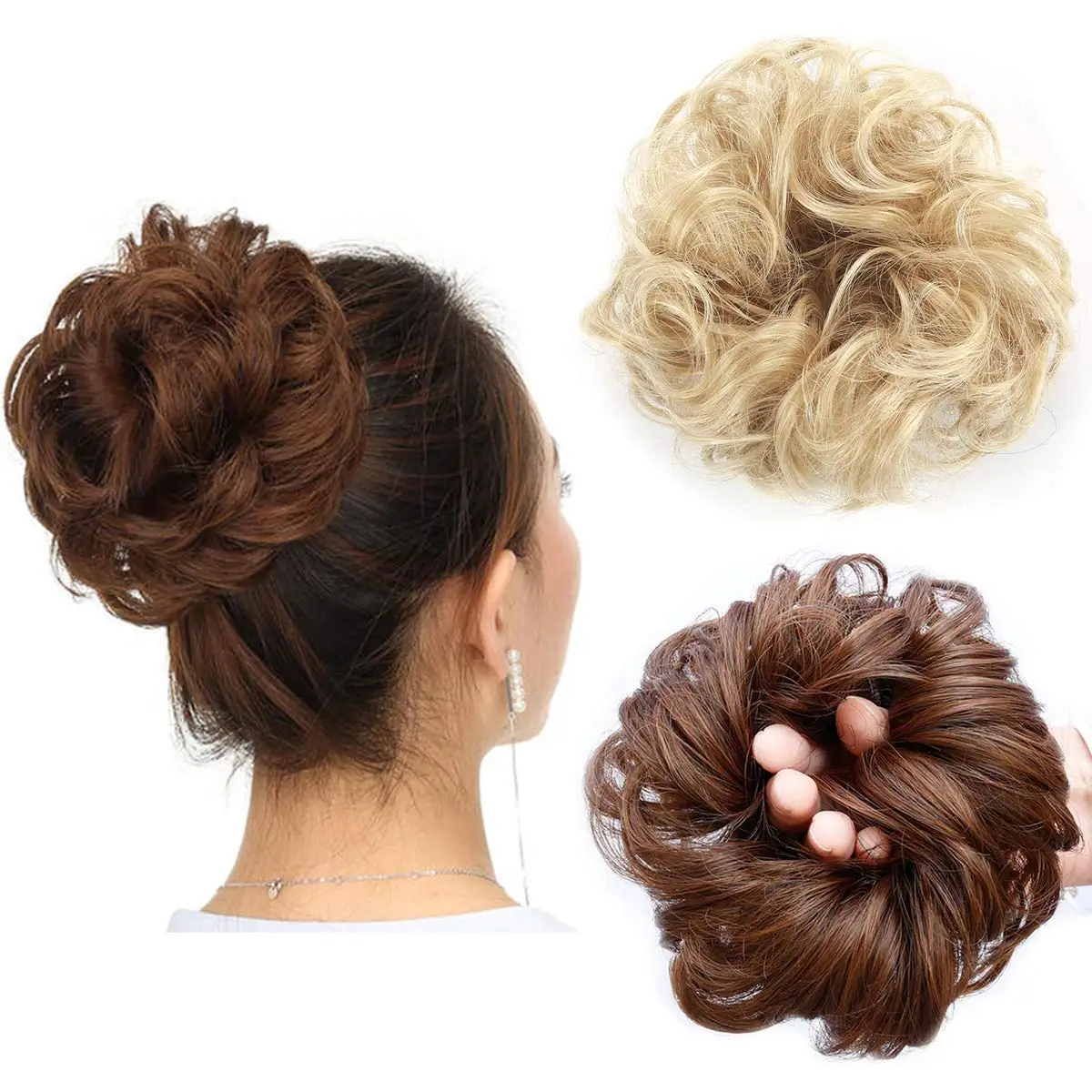 Women and Girls Curly Scrunchie Chignon with Rubber Band Synthetic Hair Ring Wrap on Messy Hair Bun Ponytails Western OEM Ombre