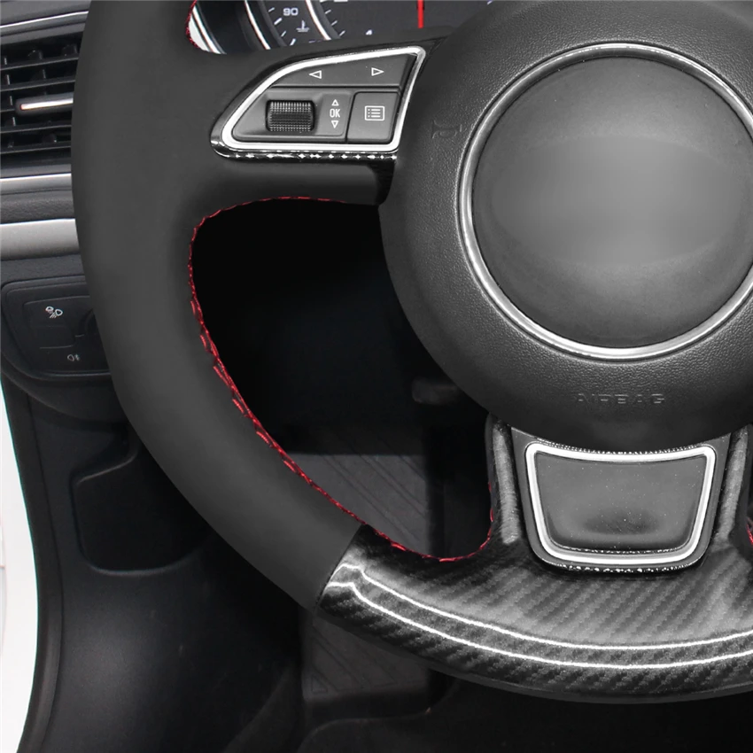 Custom Hand Sewing Carbon Suede Car Steering Wheel Cover Red Strip for Audi A1 A3 A4 A5 A6 A7 Allroad RS S6 S7 S8 2013-2018