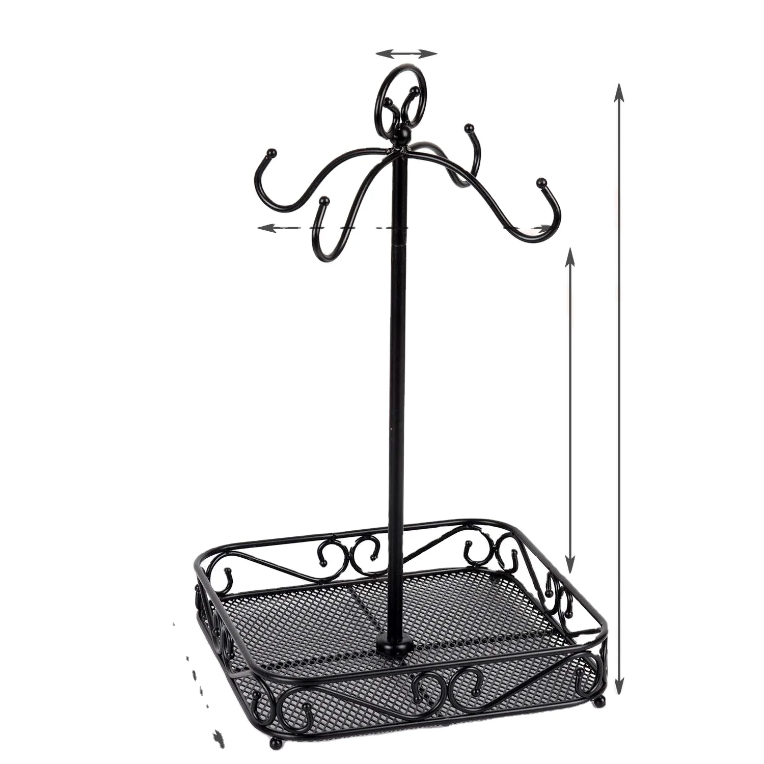 Steel Coffee Mug Holder 4 Hook Kitchen Stand Organizer Drinkware Rack/Fruit Display Basket Black