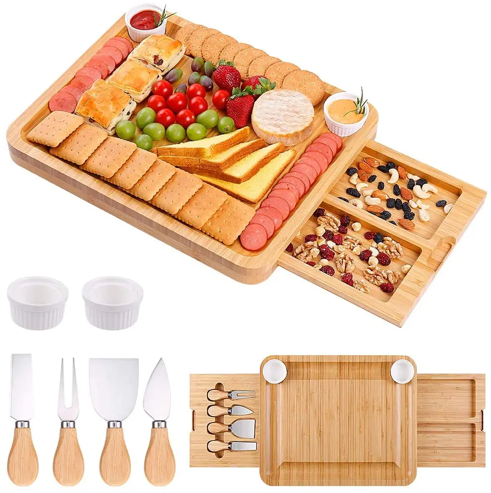 
Wholesale Large Charcuterie Board with Ceramic Bowls Bamboo Cheese Cutting Board Set and Cutlery Knife for Serving Tray  (1600235136155)