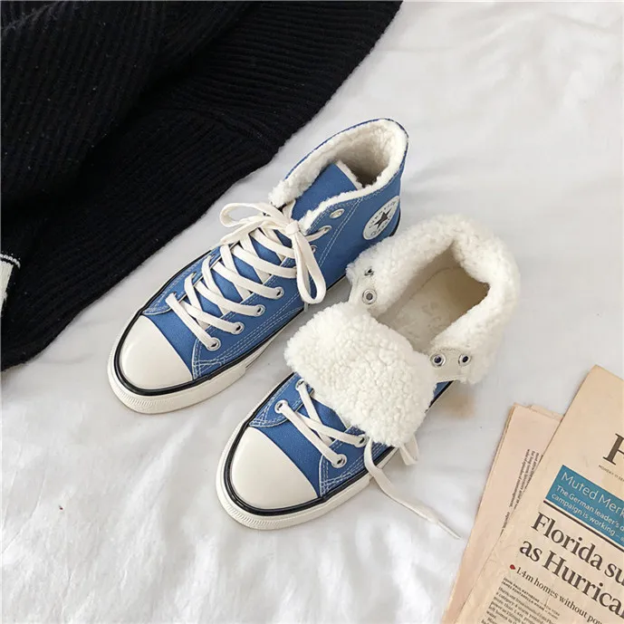Winter Unisex Couple High Tops Flat Velvet Inside Keep Warm Canvas Shoes