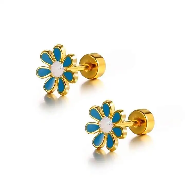 Lovely Cute Hypoallergenic Enamel Drop Oil Gold Plating Stainless Steel Stud Flower Earring For Girls