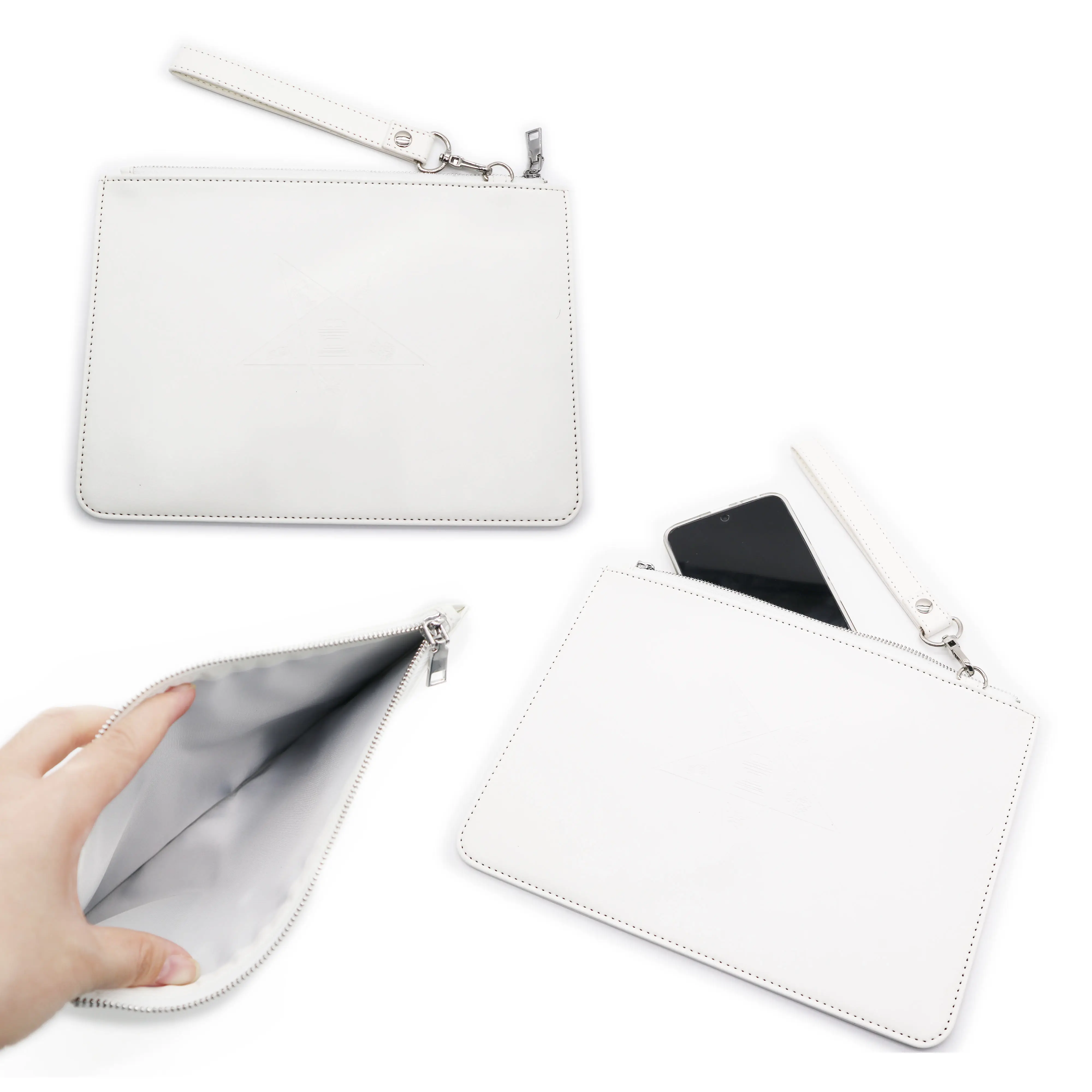 White Leather wristlet clutch bag with OES  for woman