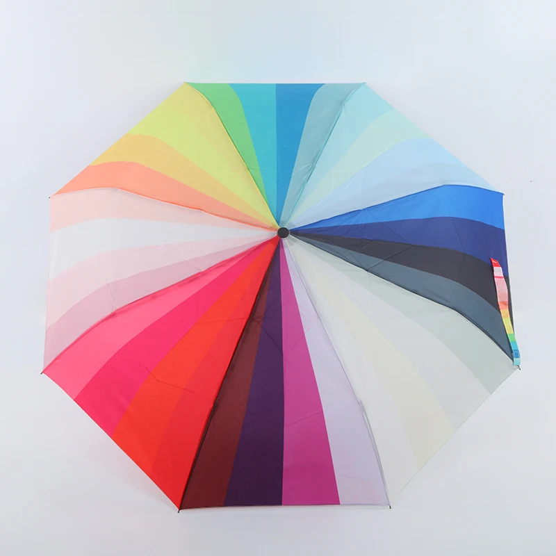 53.5cm Full Automatic  Rubber Coating Handle Fiberglass Frame Windproof Rainbow Colorful Pongee Fabric 3 Three Folding Umbrella