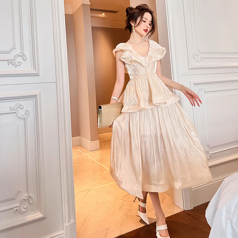 ZYHT 5919 High Quality Yarn Satin V Neck A Line Holiday Party Casual Women Lady Elegant Maxi Dress