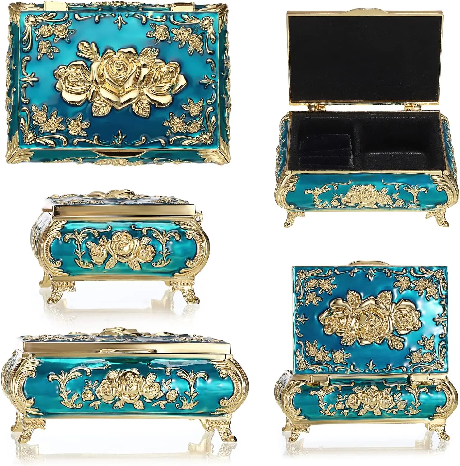 Antique Metal Jewelry Box Practical Home Decor Floral Engraved Chest Ring Case Trinket Storage Organizer