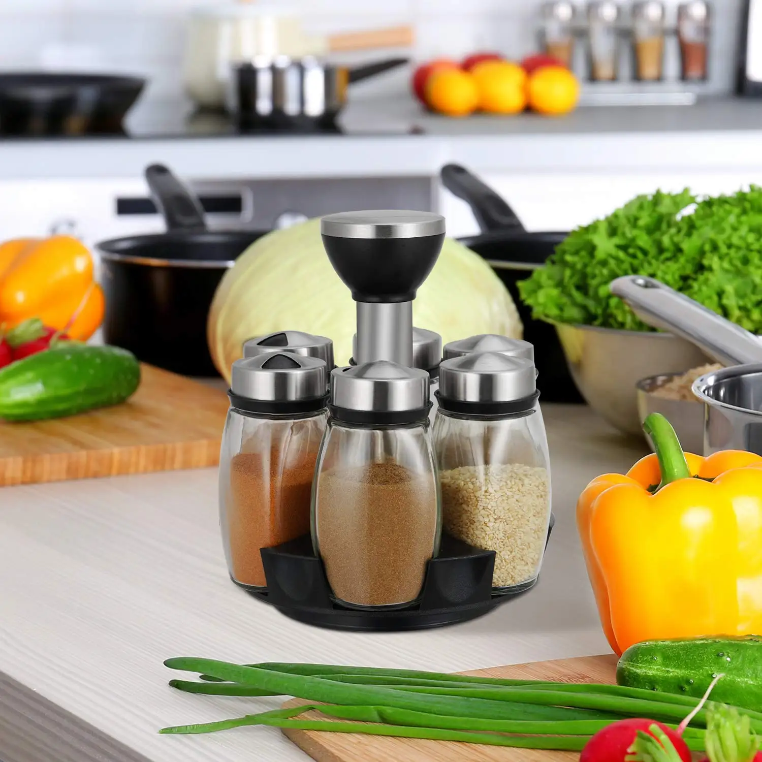 Spice Rack Organizer Kitchen Countertop Spice Storage Rack Swivel Rack Tower Set with 6 Glass Spice Refill Container Jars