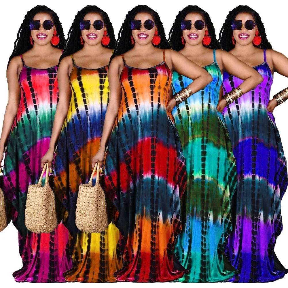 
RX-H8908 S-3XL Best selling spaghetti strap loose beach wear tie dye dresses long women summer maxi dress 
