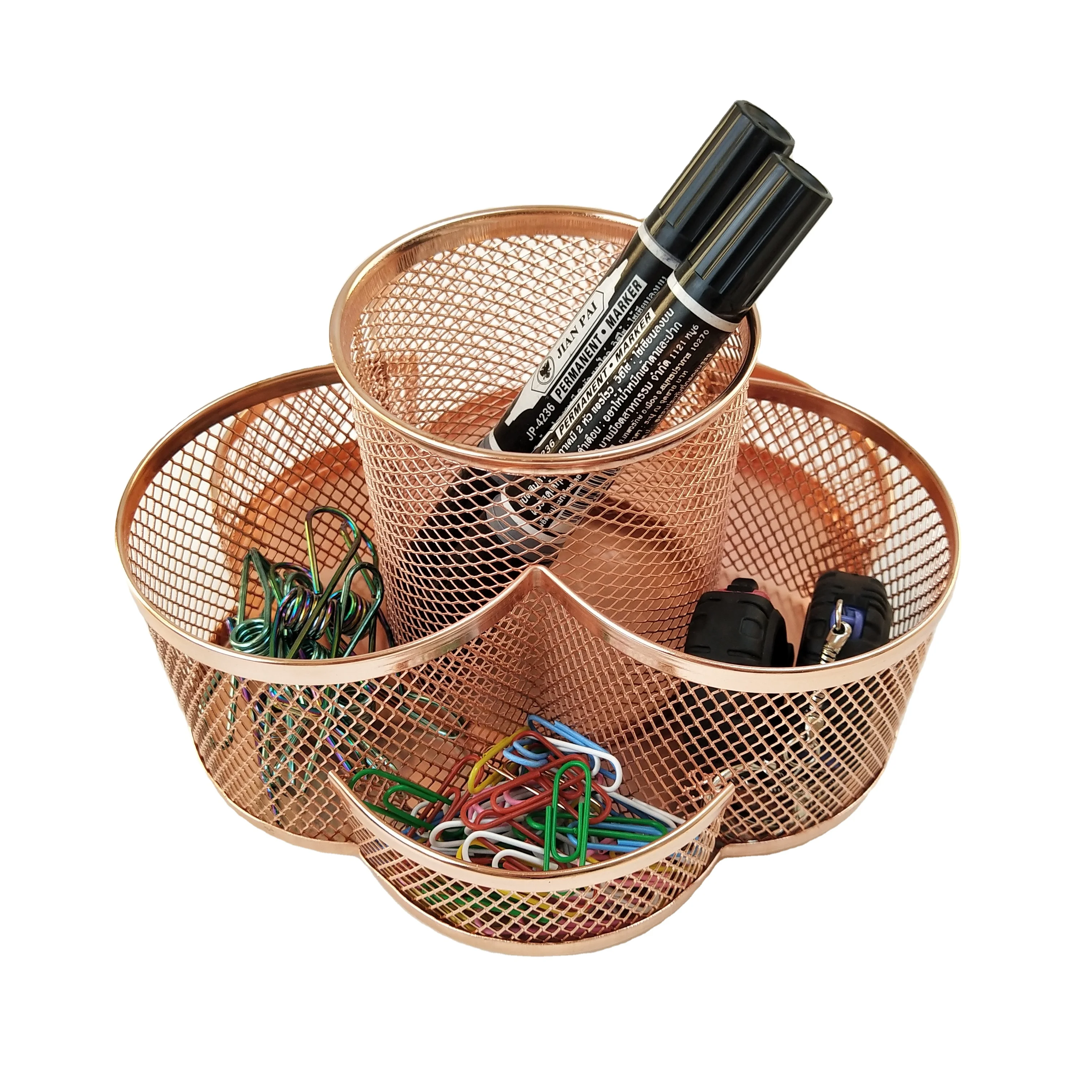 Stationary Accessories Multi-functional Metal Mesh Rose Gold Round Rotating Base Pen Stand Desk Organizer Pencil Pen Holder