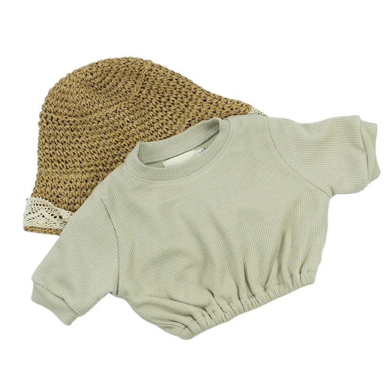 
High Quality Ins-Style Baby Newborn Clothes Top Light Grey oversize Waffle O-neck unisex shirts Waist with stretch 