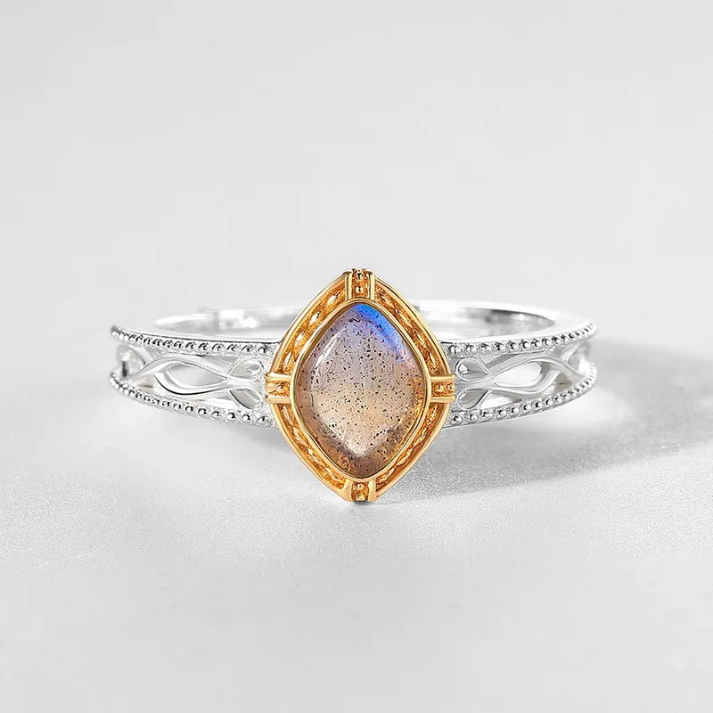 925 Sterling Silver 14K Gold Plated Gemstone Vintage Double Layer Hollow Shell White Crystal Ring