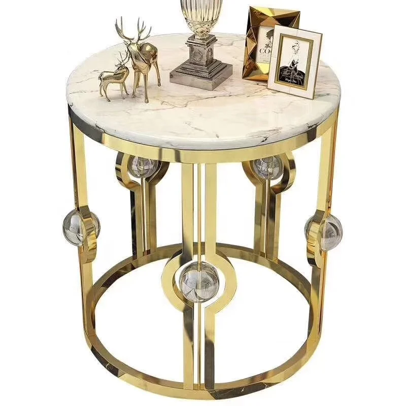 Home furniture modern gold finished steel frame with marble center coffee tea side table GD-ST016