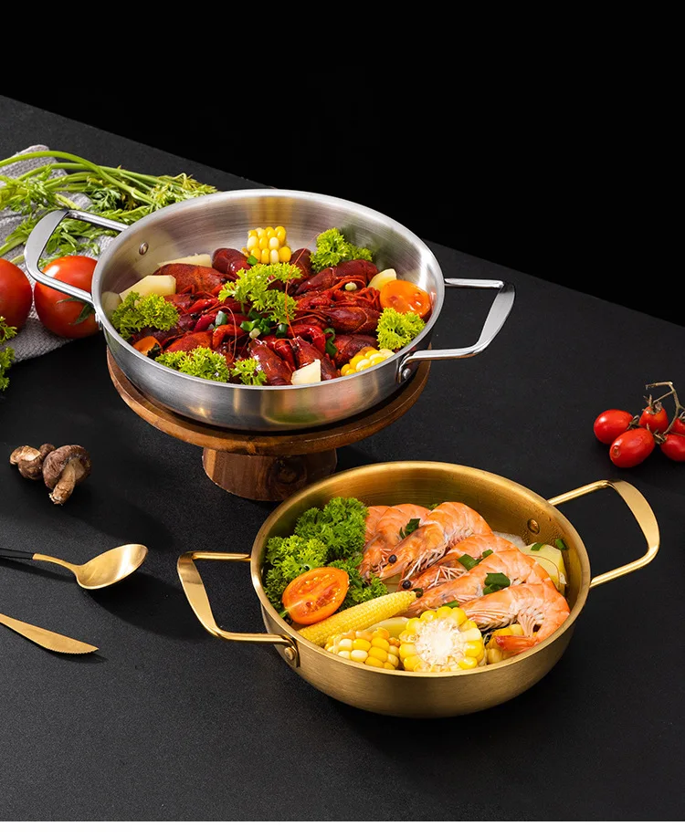 Commercial Double-Ear Fry Pan Metal Natural Color Cooking Hot Pot With Handle Kitchen Stainless Steel Dry Korean
