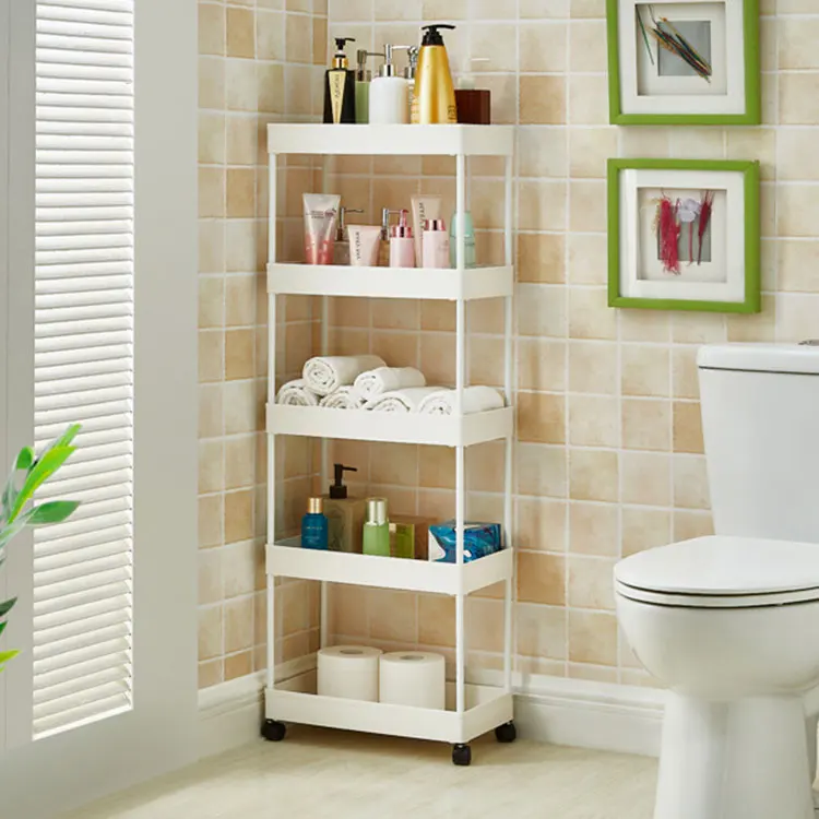 4 Tier Bathroom Organizer Narrow Gaps Kitchen Storage Rack Plastic Utility Cart Movable Assemble Household Storage Holders