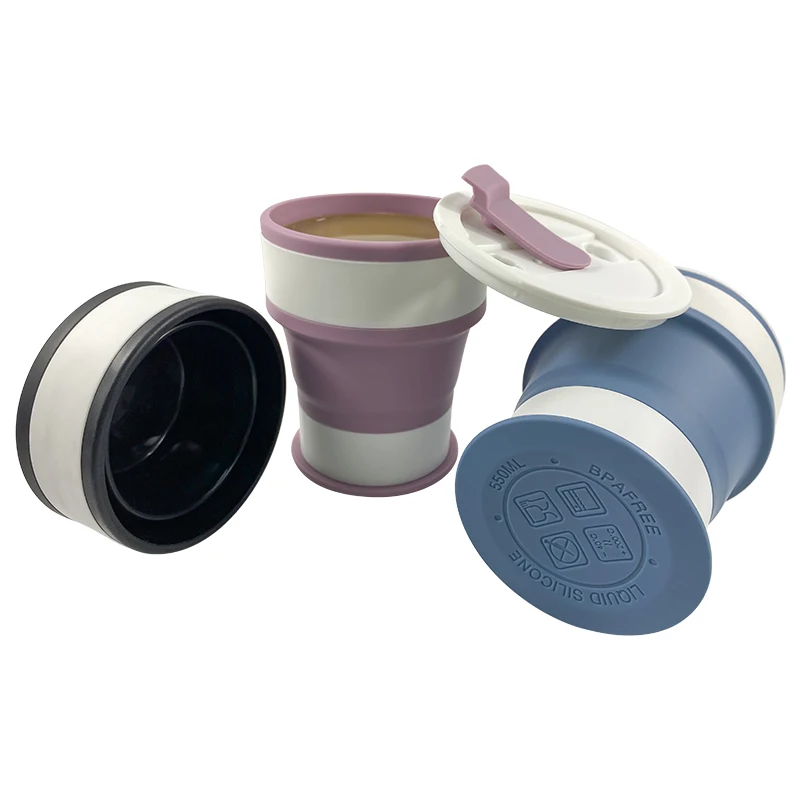 Portable Retractable Outdoor Folding Camping Cup Collapsible Travel Silicone Foldable Coffee Mugs 550ml 18 oz Water Cup with Lid