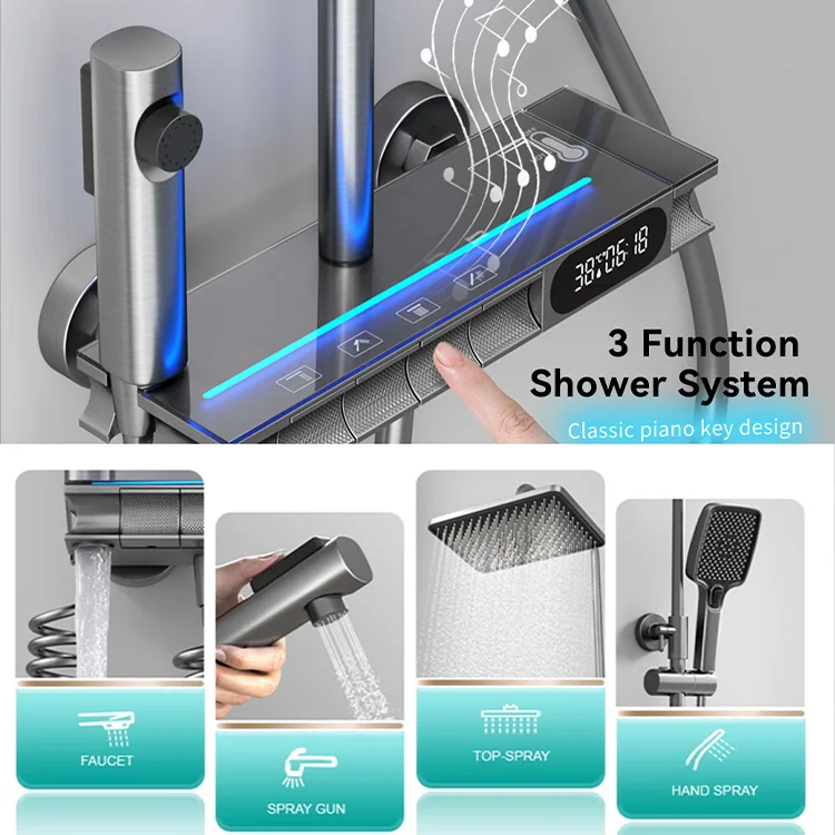 GAONUO Luxury Bathroom Brass Piano Key Rain Shower Set Wall Mounted 4 Functions Gun Grey Smart Digital Shower Faucet System