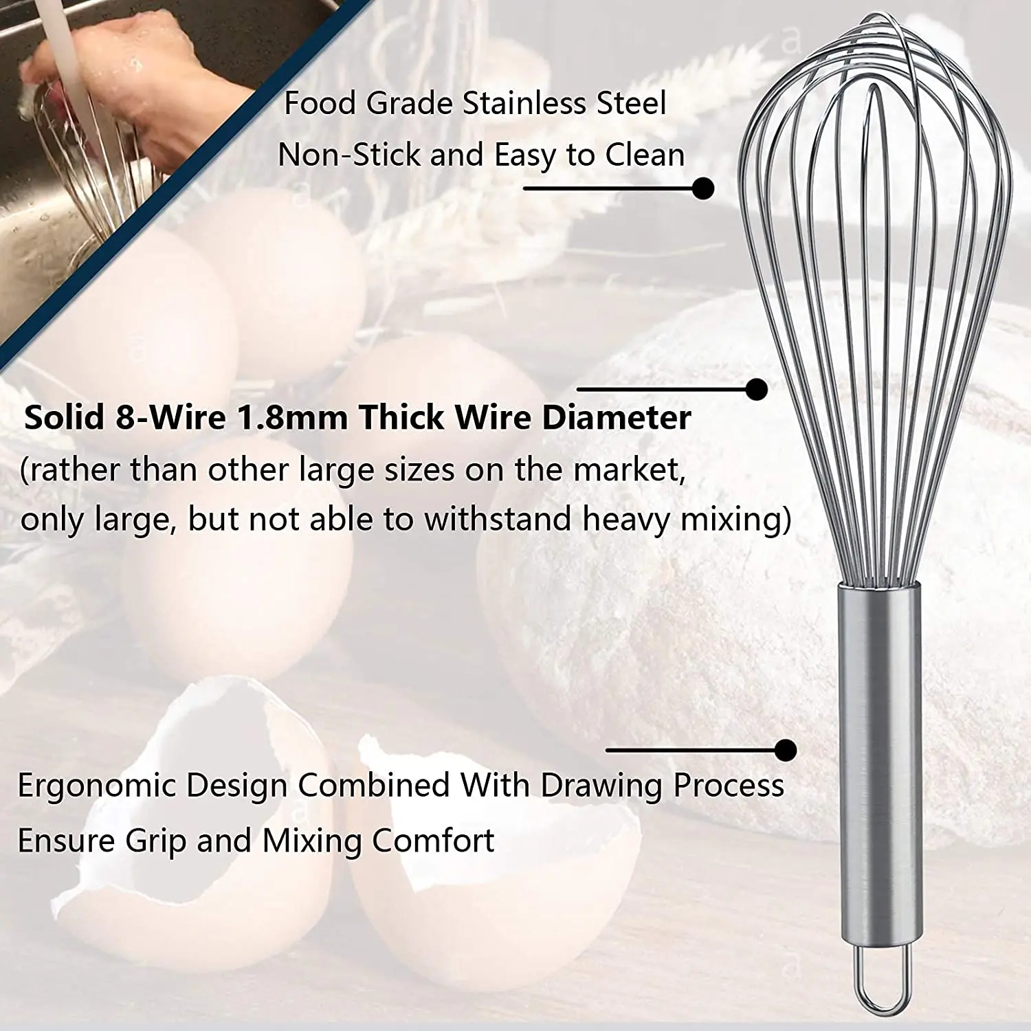 3 Pack Stainless Steel Balloon Beating and Stirring Mini Egg Whisk for Blending With Plain Handle