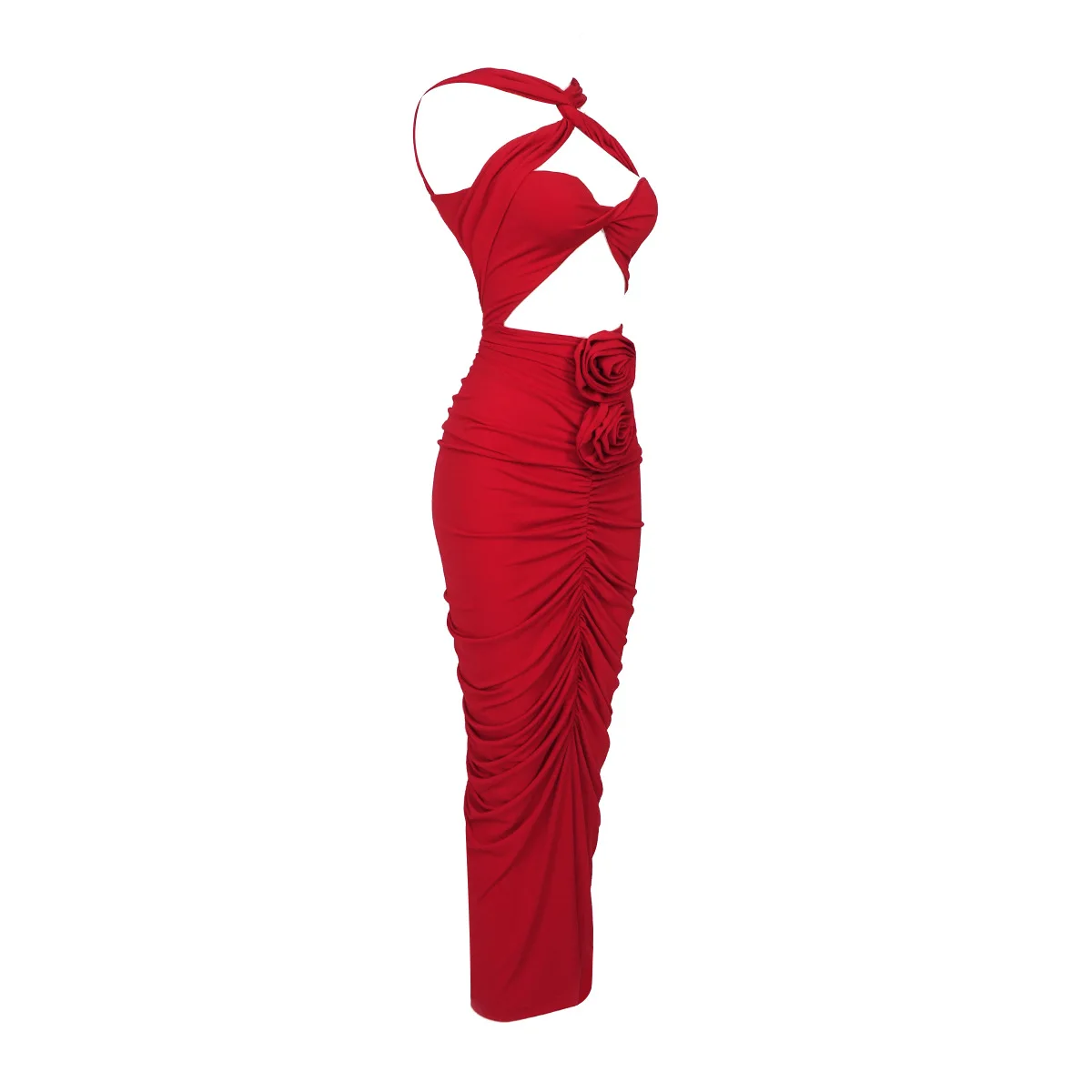 A7559 Western Style Red Women Midi Prom Dress Cutout Pleated Sexy Women Party Dress