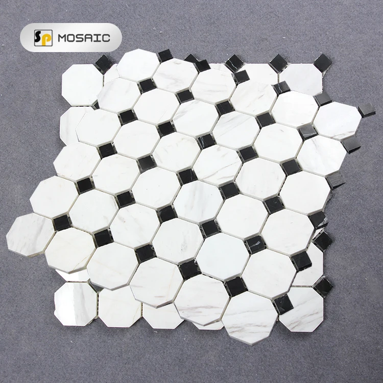 Black Dot Thassos White Marble Polished Mosaic Italian Carrara Marble Floor Tile Octagon Black and White Stone Mosaic 298*298mm