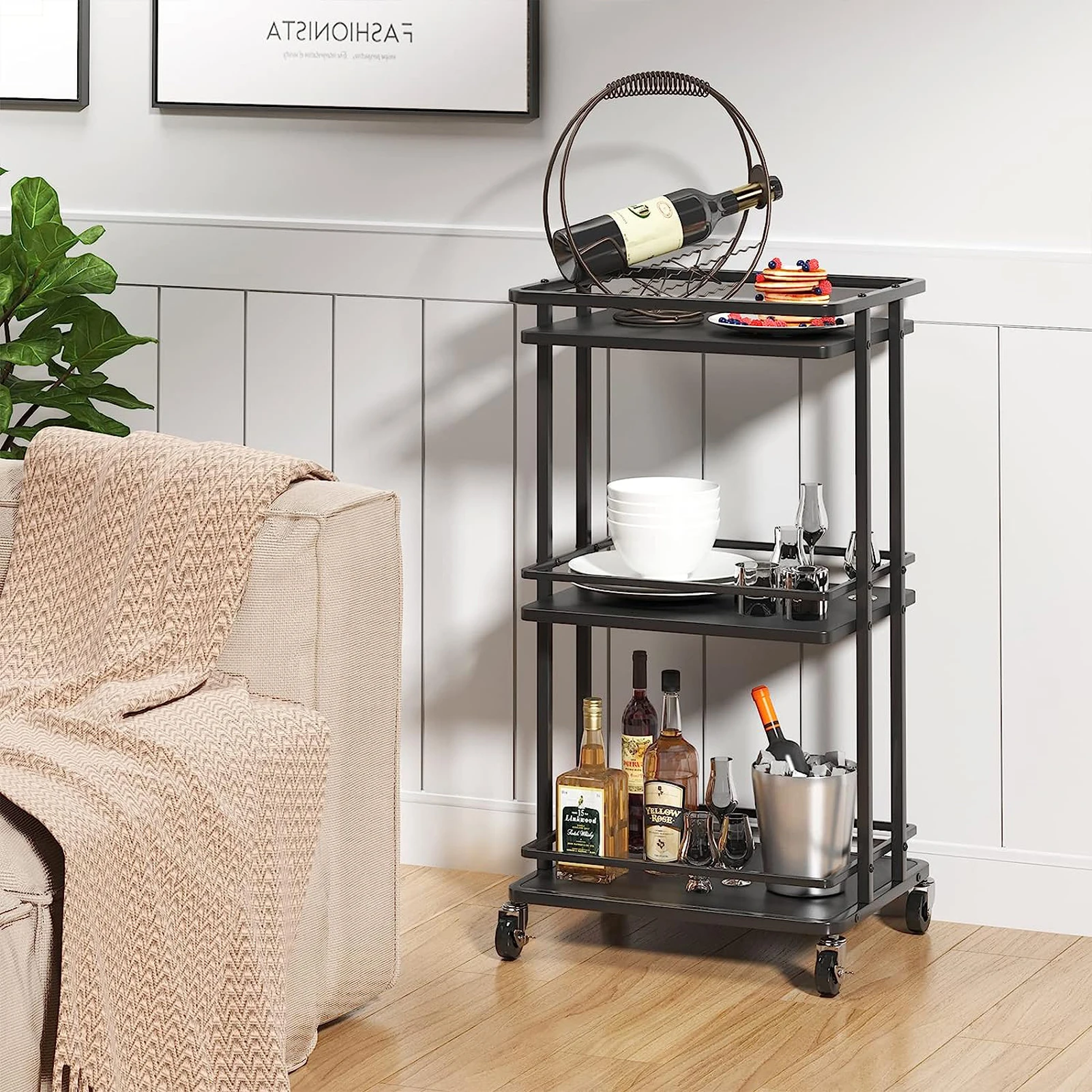 3 Tier Bar Cart for Home Rolling Liquor Bar for Wine Beverage Dinner Party Utility Kitchen Storage Island Serving Cart on Wheels