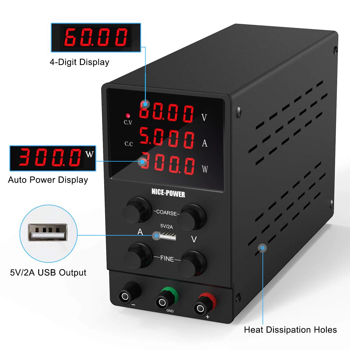 Регулируемый 0 ~ 60V переменного тока 5A DC скамья переключатель питания постоянного переменной с 4-знака после запятой отображения и