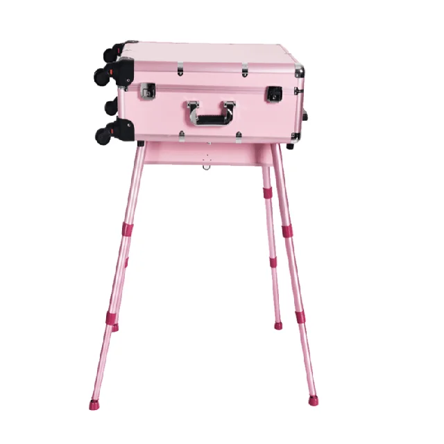 hot selling aluminum case with wheels trolley aluminium aluminum makeup cosmetic case with mirror lights bulbs legs stands trays