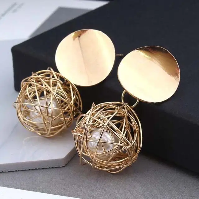 Fashion Retro Geometric Simple Woven Ball Pearl Stud Earrings Metal Women Jewelry Wholesale