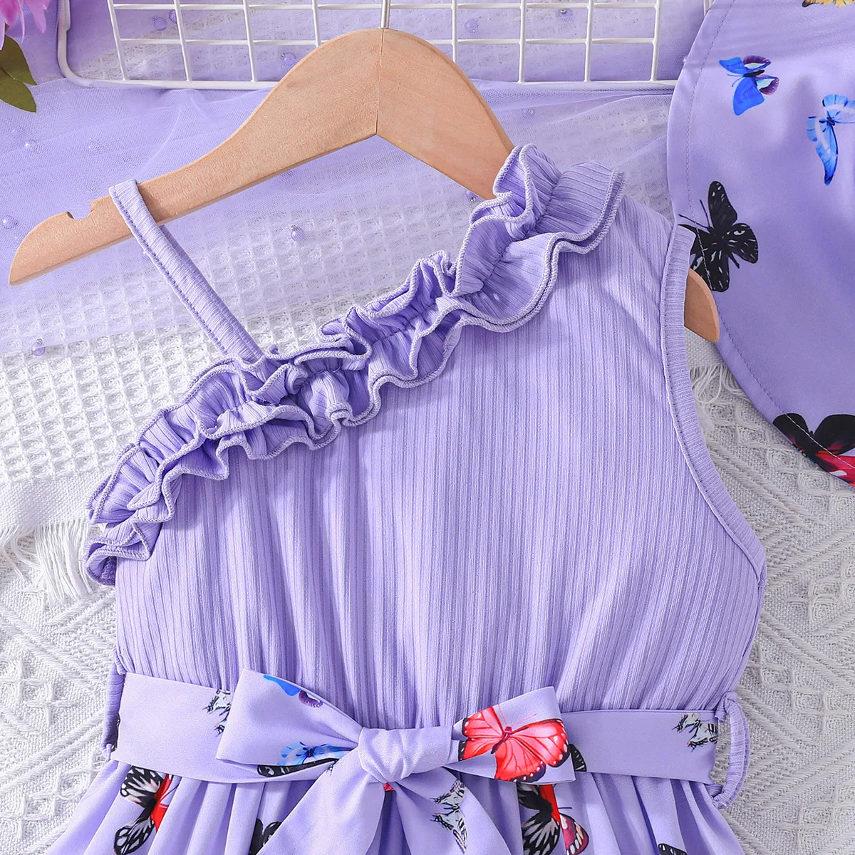 2024 Stock New Design Children Clothes Summer Kids Printed Floral Long Baby Girls Dress with Sun Hat