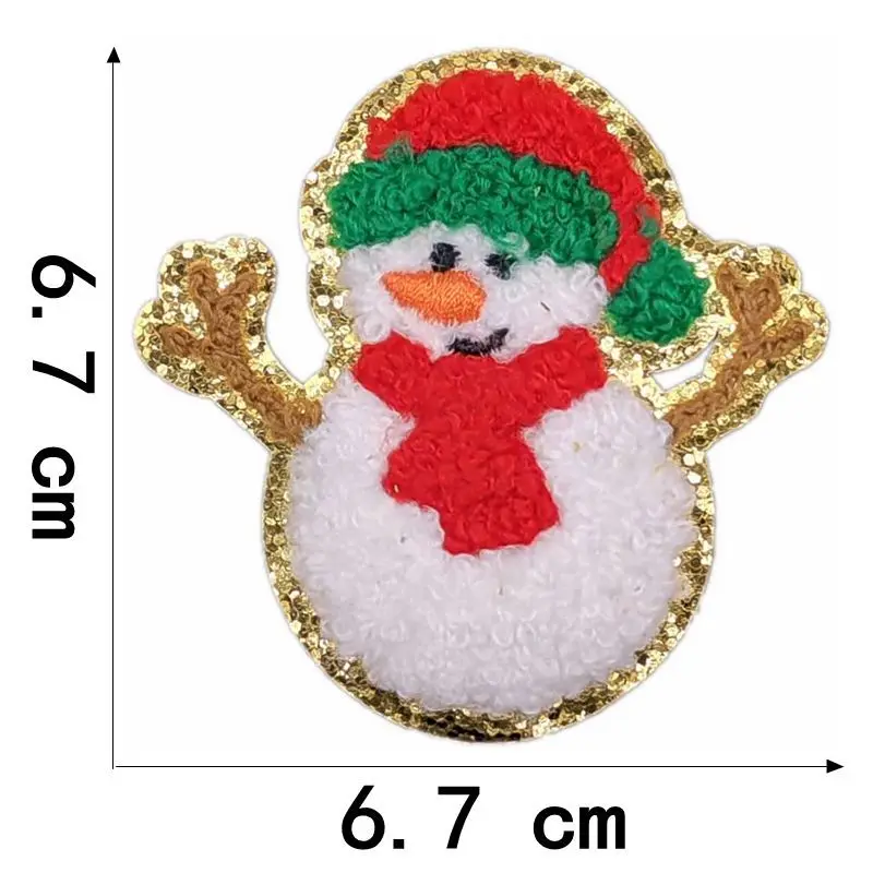 Christmas gold glitter handmade embroidery iron on chenille patch christmas tree snowman christmas patch
